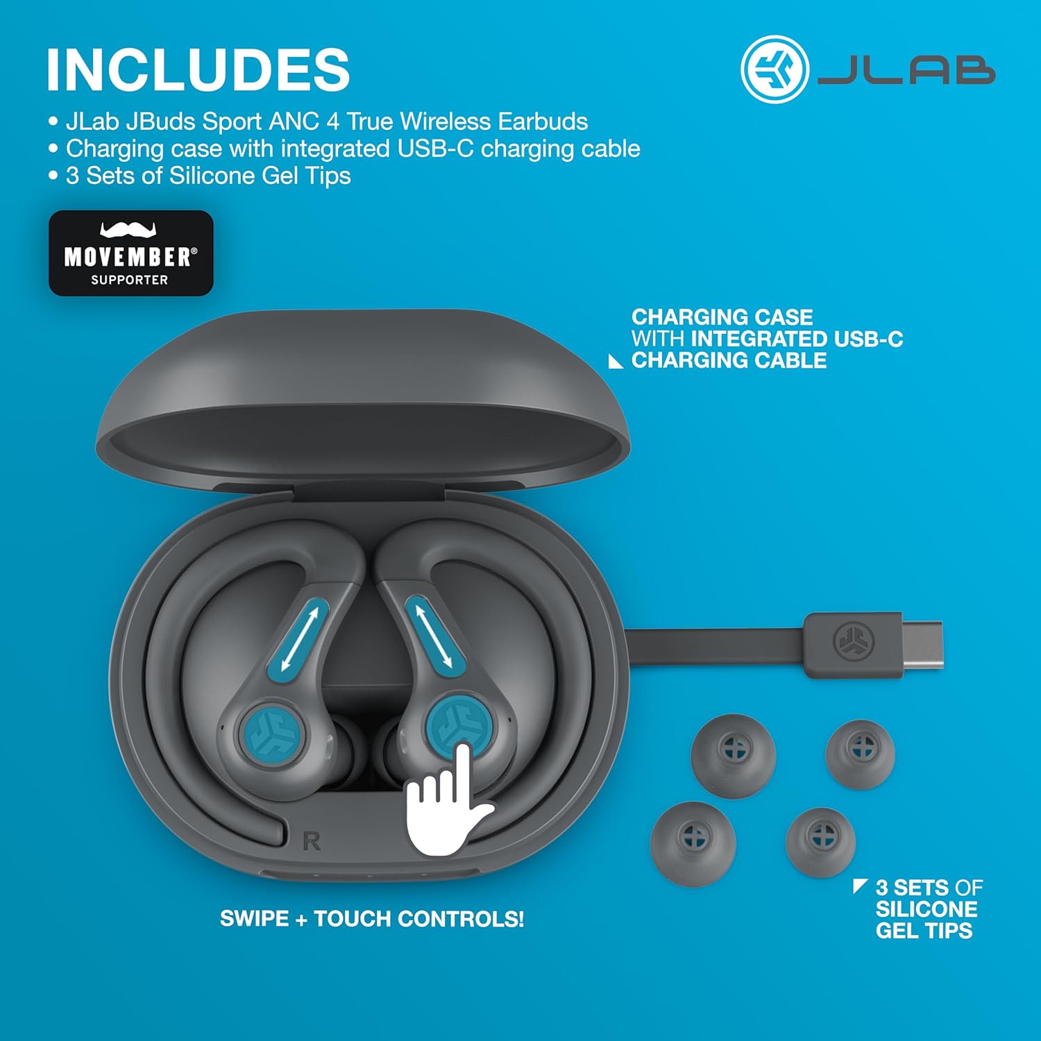 JLab JBuds Sport ANC 4 True Wi-fi Bluetooth Earbuds + Charging Case, Graphite... - Image 7