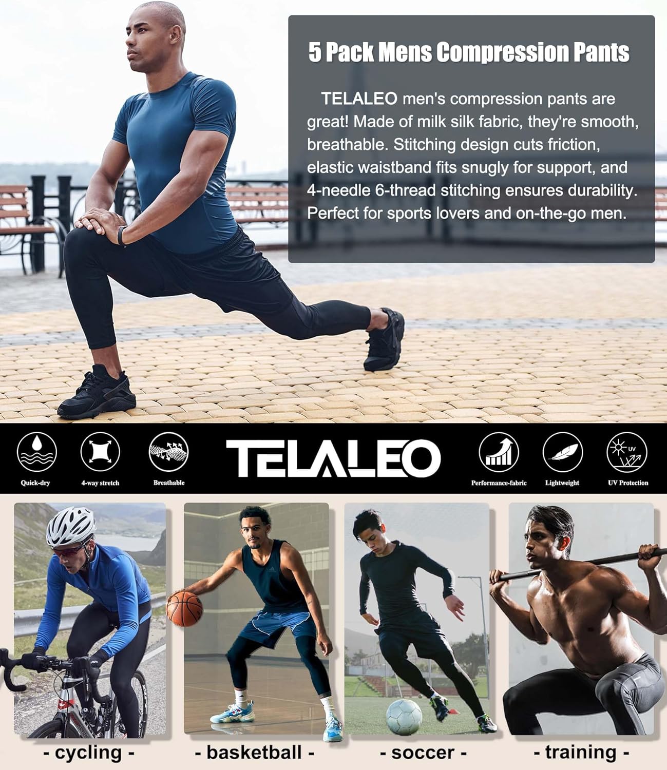 TELALEO 5 Pack Males's Compression Pants for Exercise, Operating,Basketball,Soccer-... - Image 6
