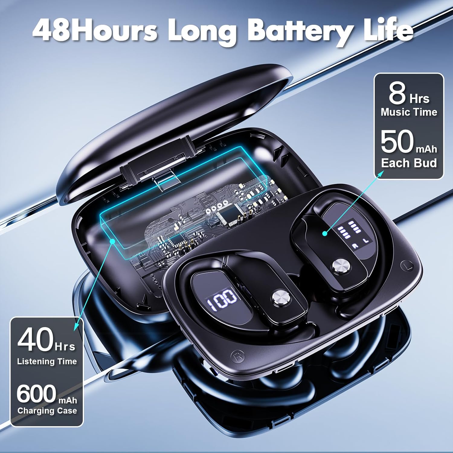 Wi-fi Earbuds Bluetooth Headphones 48Hrs Play Again Sports activities Earphones with LED ... - Image 4
