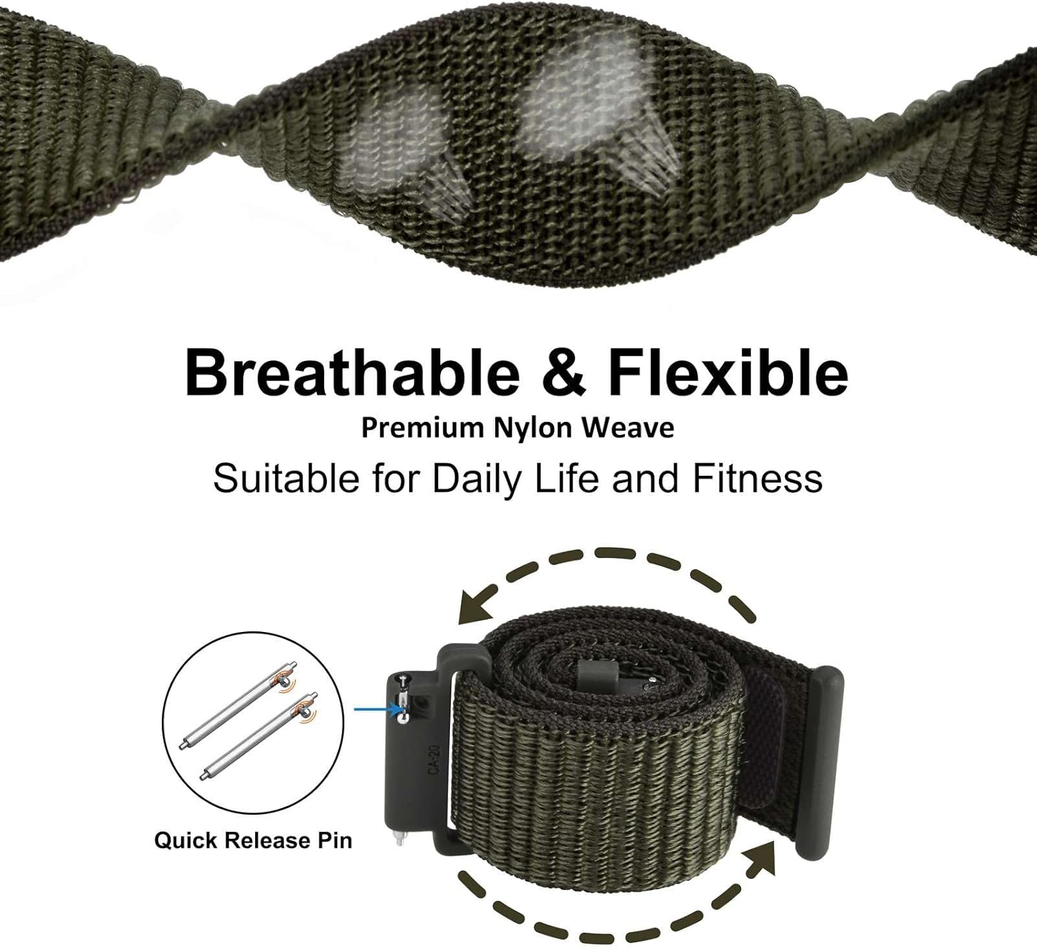 WOCCI 20mm Adjustable Nylon Watch Band, Fast Launch Sport Loop Strap (Military Gre... - Image 3