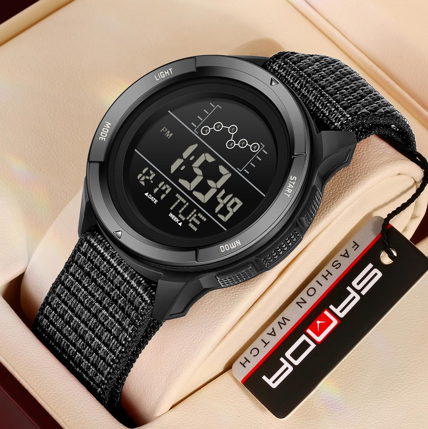 Gosasa Males's Digital Sports activities Watch with Velcro Buckle, Navy Fashion Nylon Strap... - Image 3