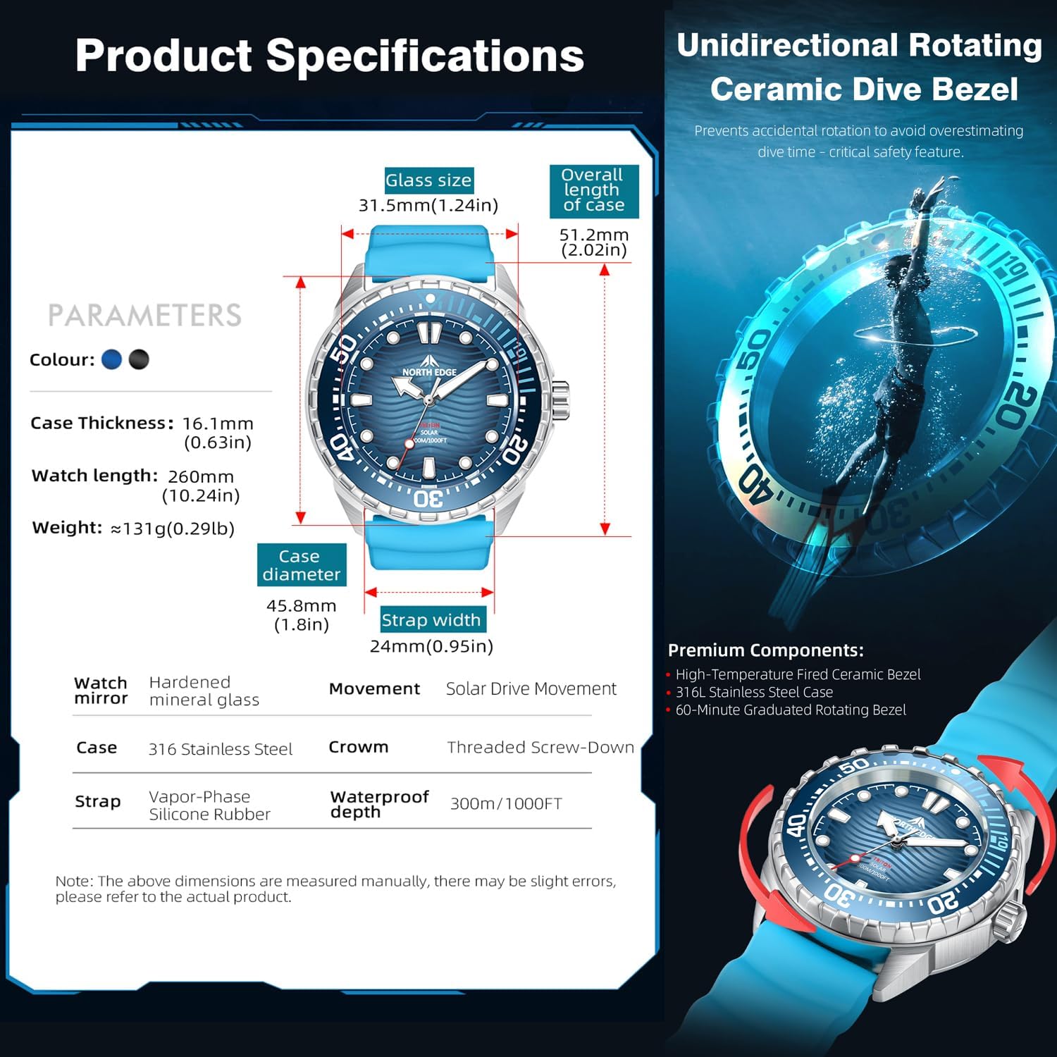Photo voltaic-Powered Males’s Watch – 300M Water Resistant Stainless Metal Sport Watch, 31... - Image 5