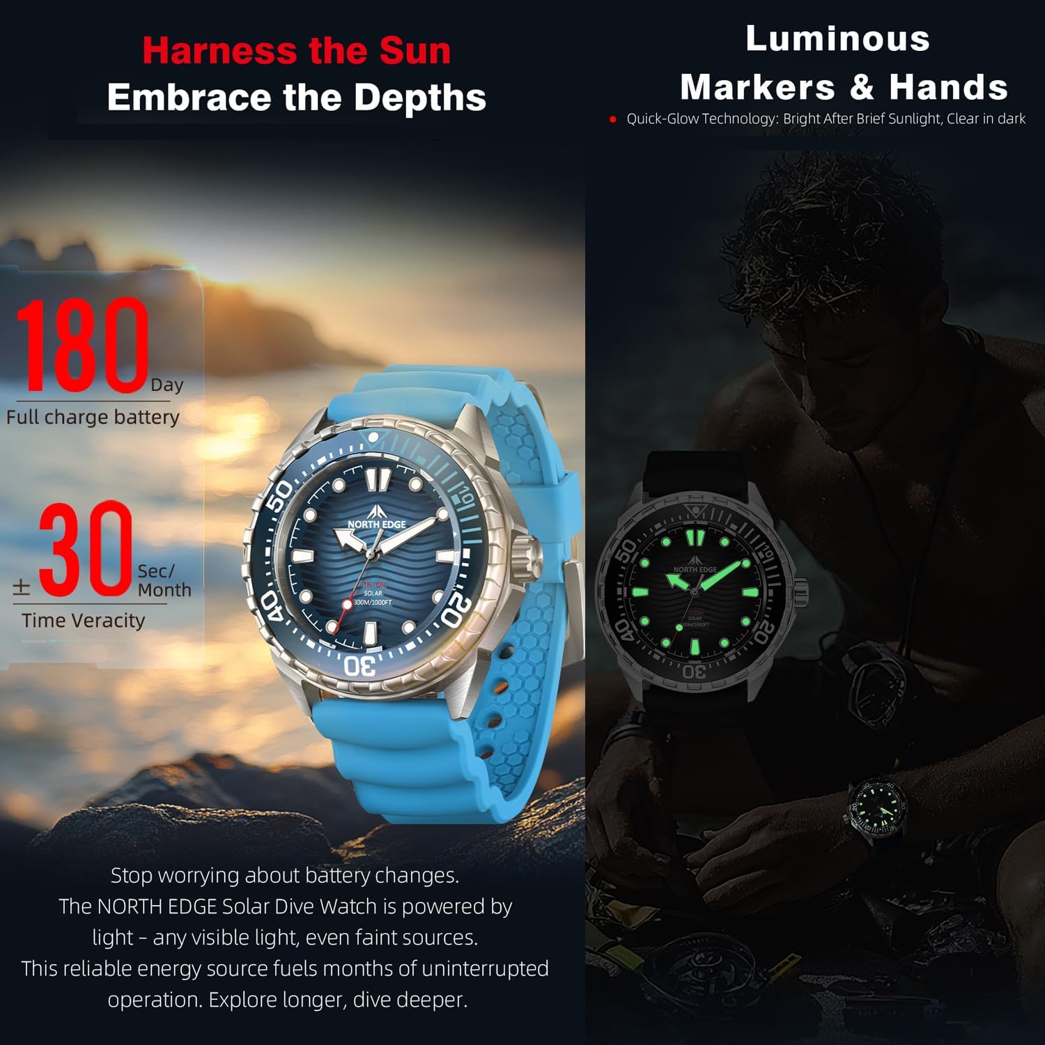 Photo voltaic-Powered Males’s Watch – 300M Water Resistant Stainless Metal Sport Watch, 31... - Image 6