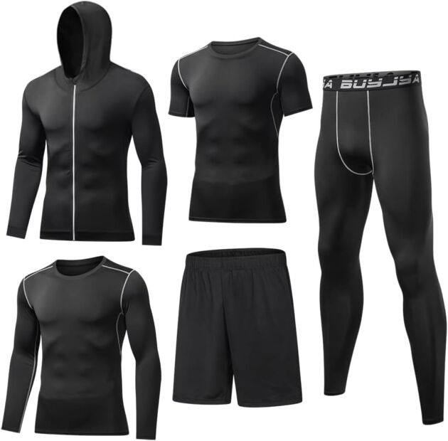 BUYJYA 5Pcs Males's Compression Pants Shirt High Lengthy Sleeve Jacket Athletic Units G...