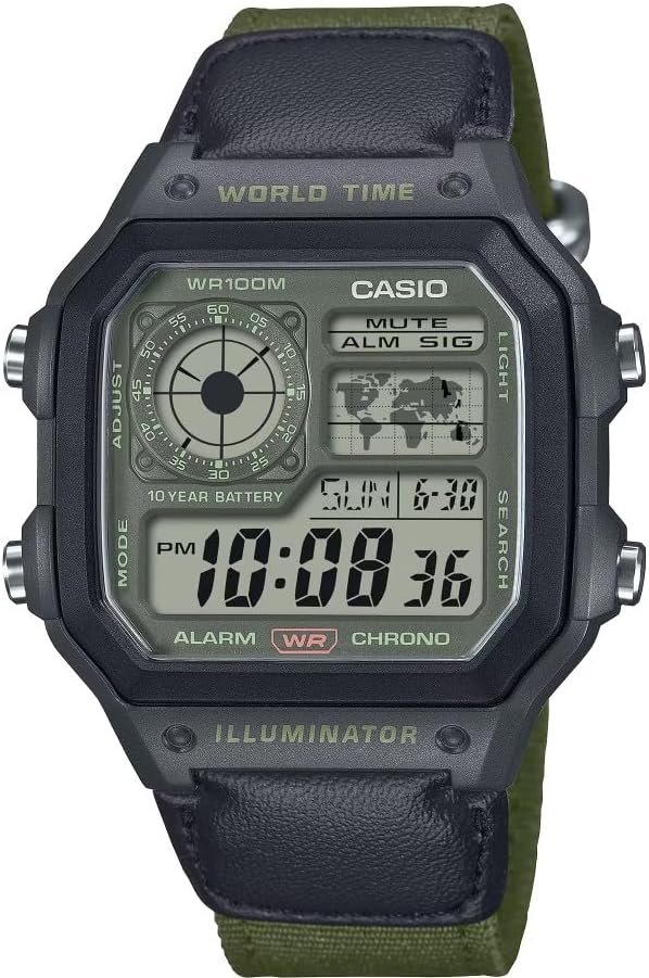 Casio AE1200 Sequence Black/Inexperienced LED Illuminator World Time