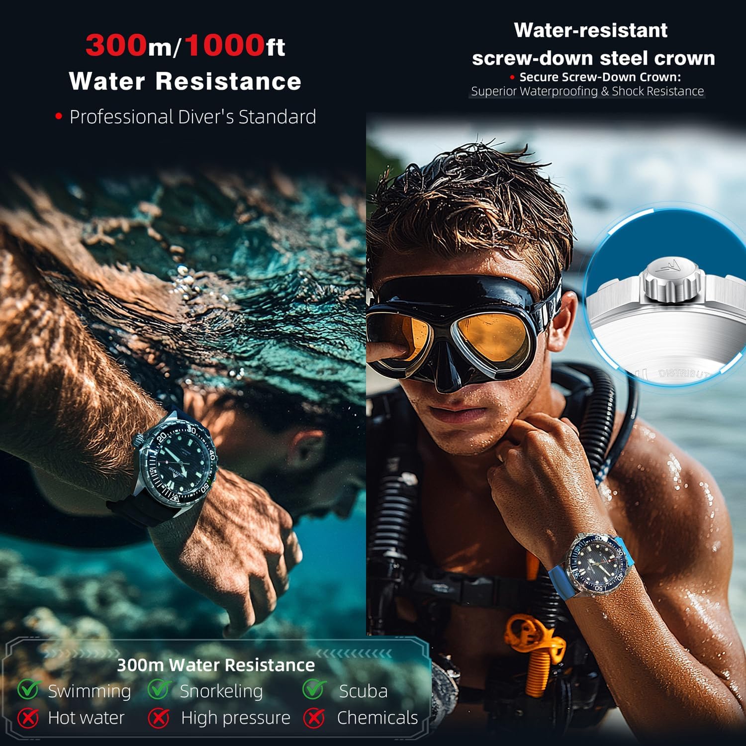 Photo voltaic-Powered Males’s Watch – 300M Water Resistant Stainless Metal Sport Watch, 31... - Image 2