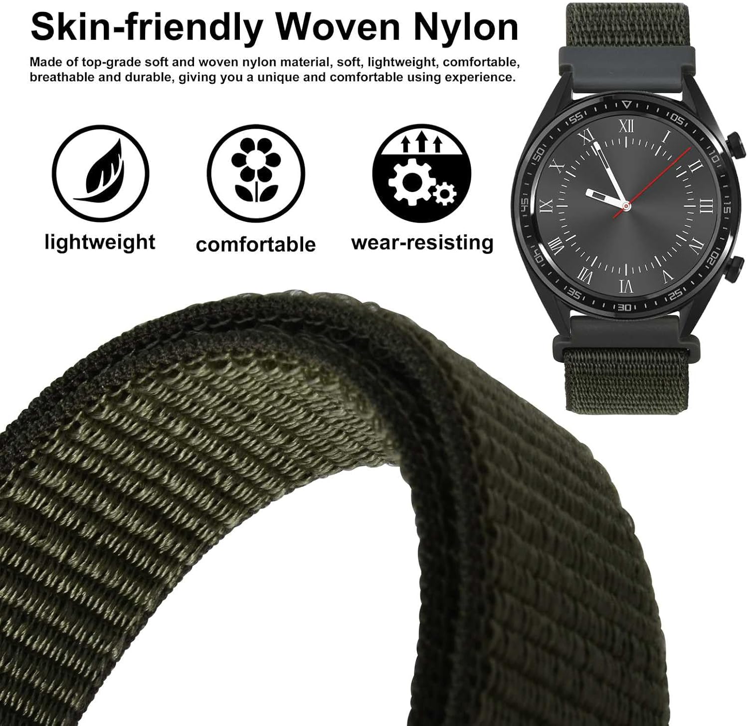 WOCCI 20mm Adjustable Nylon Watch Band, Fast Launch Sport Loop Strap (Military Gre... - Image 2