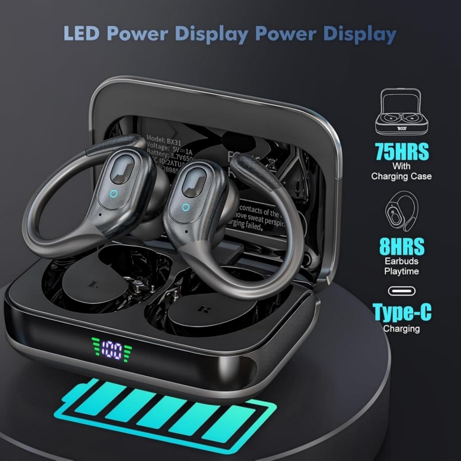 Wi-fi Earbuds, Sports activities Bluetooth Headphones, 75Hrs Playtime Ear Buds with LED ... - Image 2