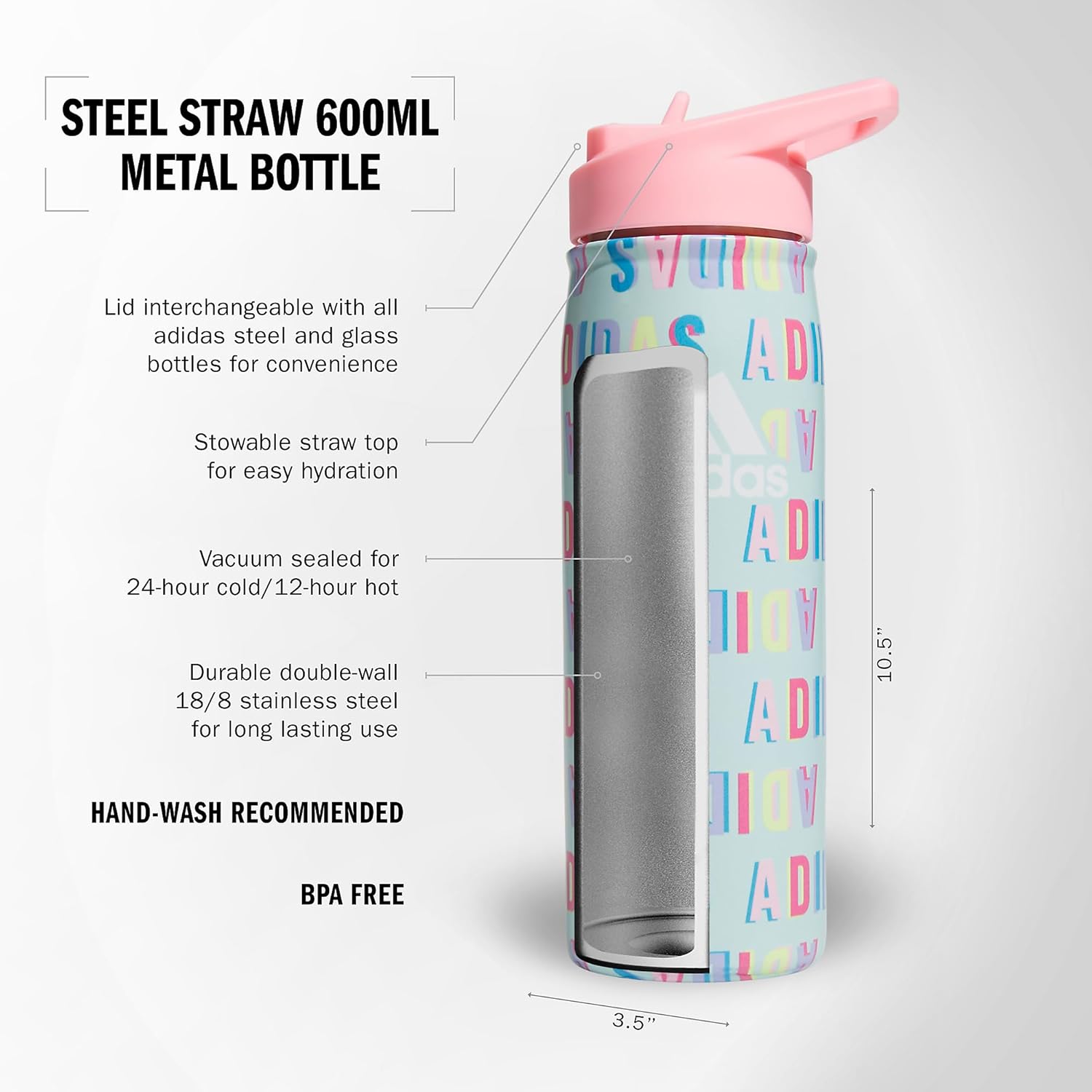 adidas Stainless Metal Steel Water Bottle 20 oz (600 mL) Straw Lid - Image 2